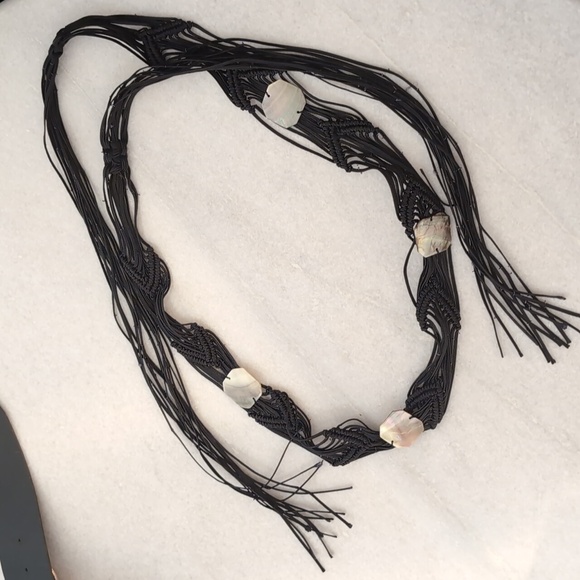 Boho black macrame & abalone fringed belt - Picture 1 of 3